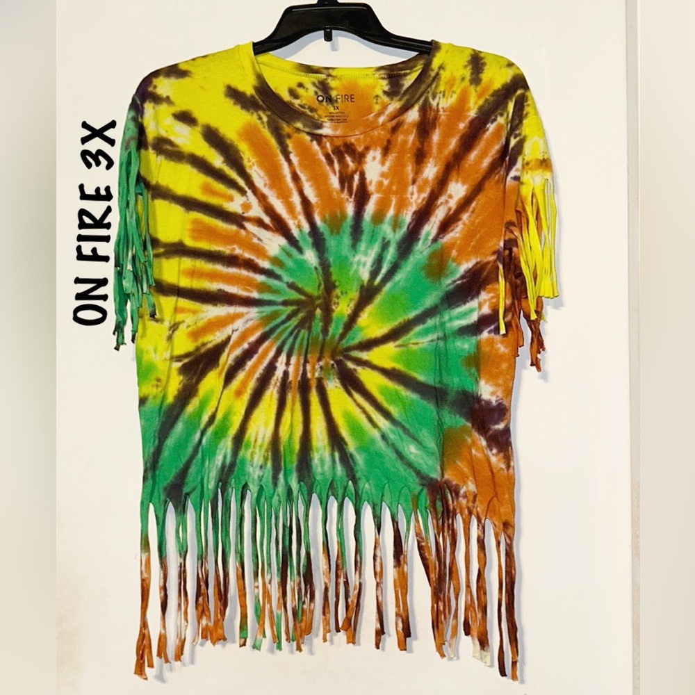 On Fire Tie Dye Groovy Top With Fringe PLUS  3X NWOT